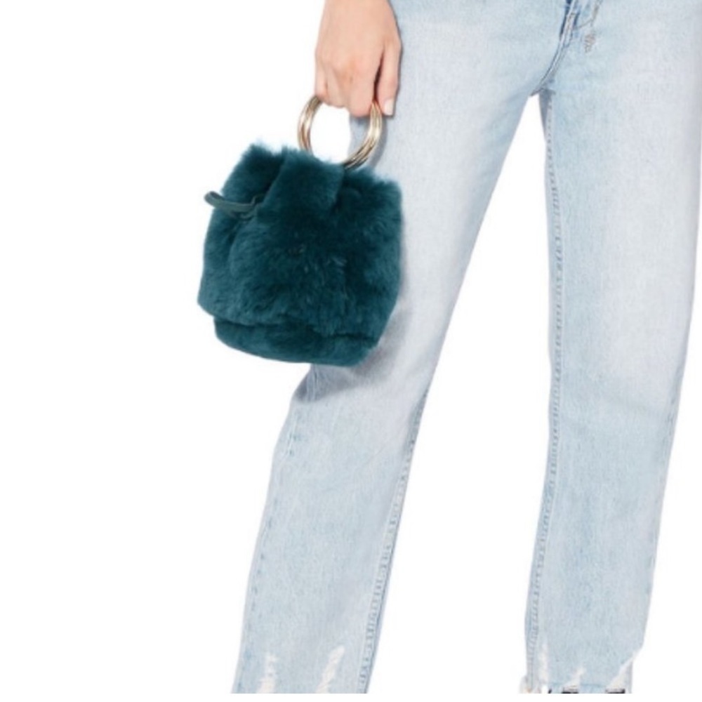 Madison Boinet blue green teal fuzzy mini bucket bag with drawstring and gold